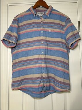 Original Penguin Mens Short Sleeve Button Down Striped multicolor pastel Large
